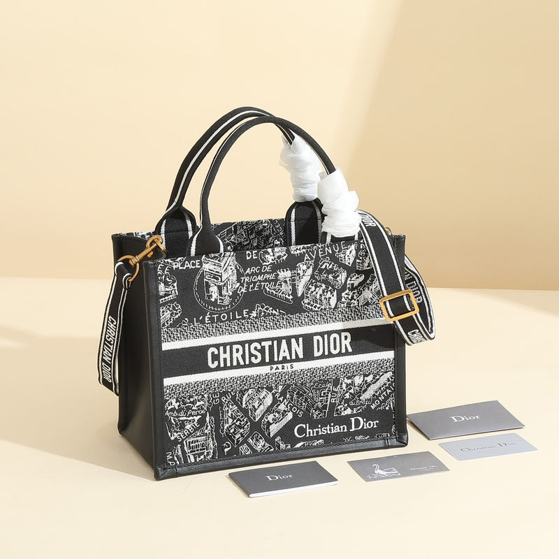 Elegant Black & White Patterned Tote Handbag with Shoulder Strap