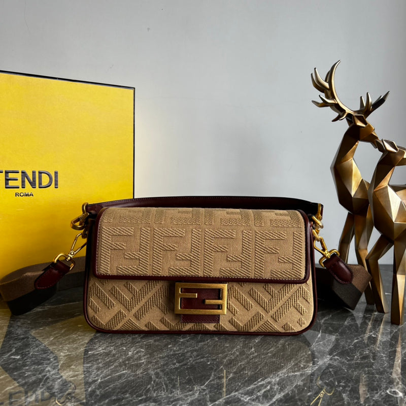 Elegant Beige Monogram Shoulder Bag with Burgundy Trim and Gold-Tone Clasp