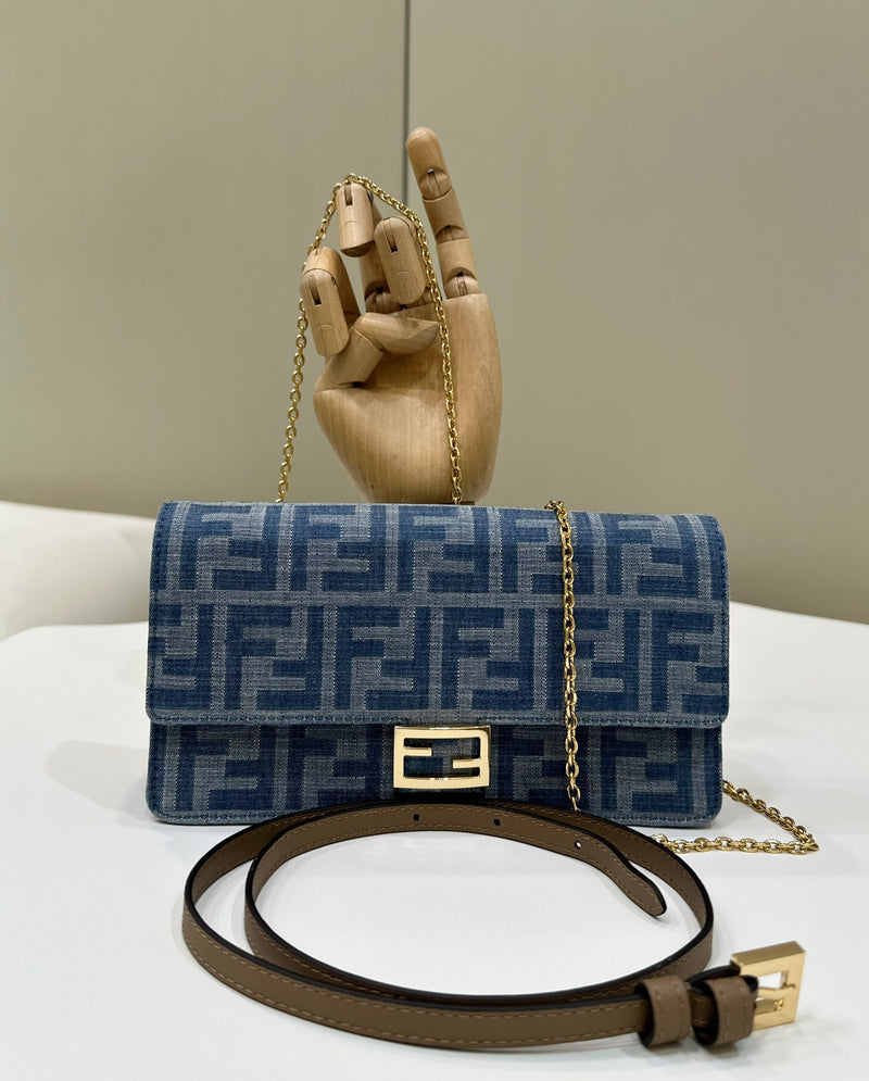 Elegant Blue Monogram Shoulder Bag with Gold-Tone Clasp and Chain Strap