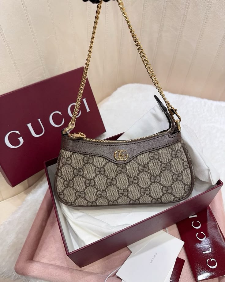 Classic Beige GG Monogram Shoulder Bag with Gold Chain Strap