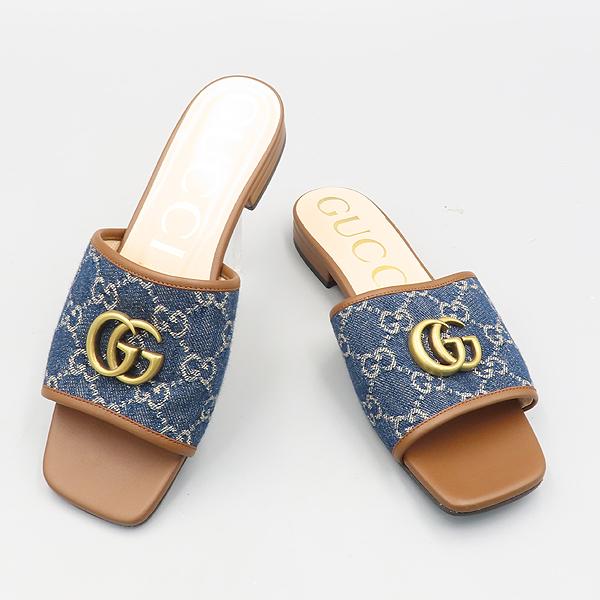 Blue GG Monogram Slide Sandals with Gold Double G Detail