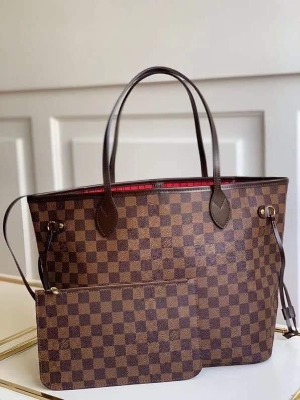 Brown Checkered Structured Tote Bag with Matching Pouch