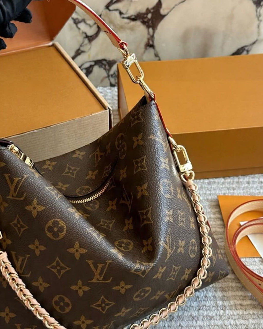 Brown Monogram Hobo Shoulder Bag with Chain Detail