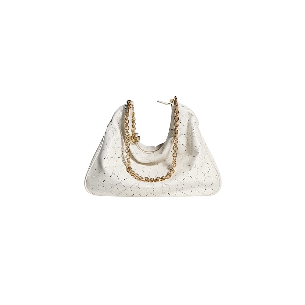 Elegant White Monogram Shoulder Bag with Gold Chain Detail