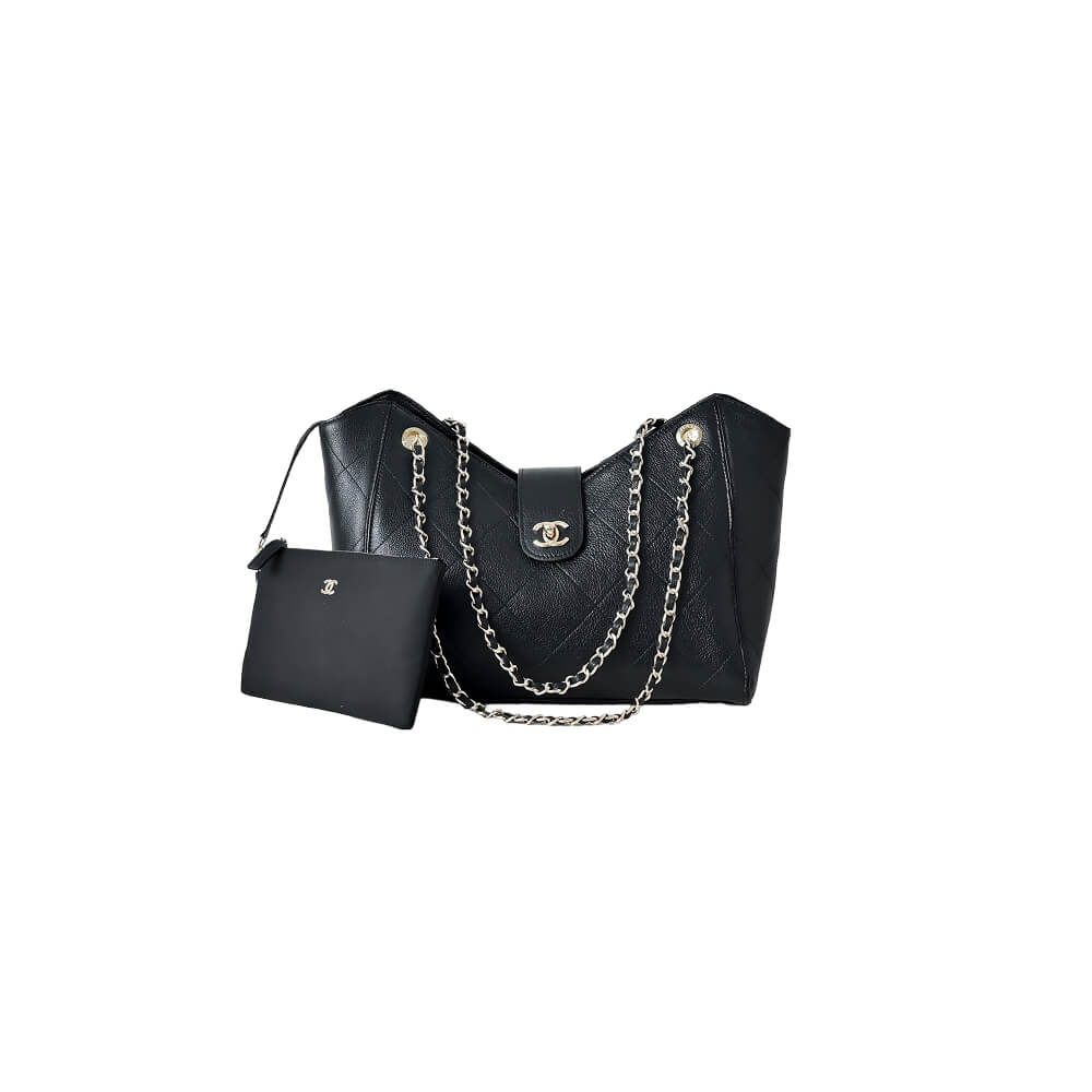 Elegant Black Quilted Shoulder Tote Bag with Chain Straps