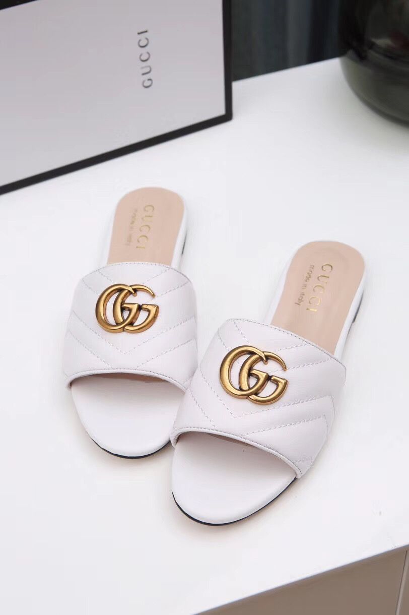 Women’s White GG Logo Slide Sandals with Gold-Tone Detail