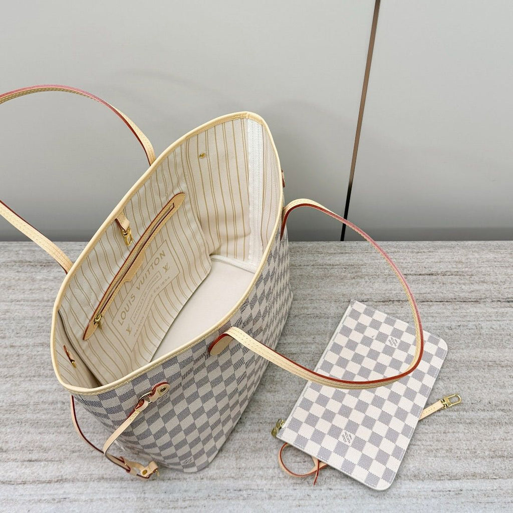 White & Grey Checkered Tote Bag with Matching Pouch