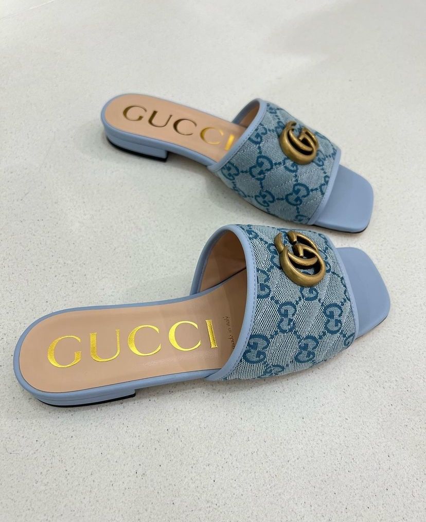 Blue GG Monogram Slide Sandals with Gold-Tone Double G Detail