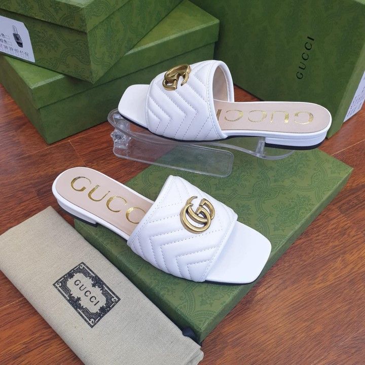 Women’s White GG Logo Slide Sandals with Gold-Tone Detail