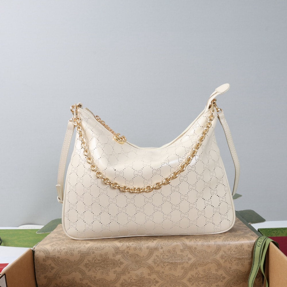 Elegant White Monogram Shoulder Bag with Gold Chain Detail