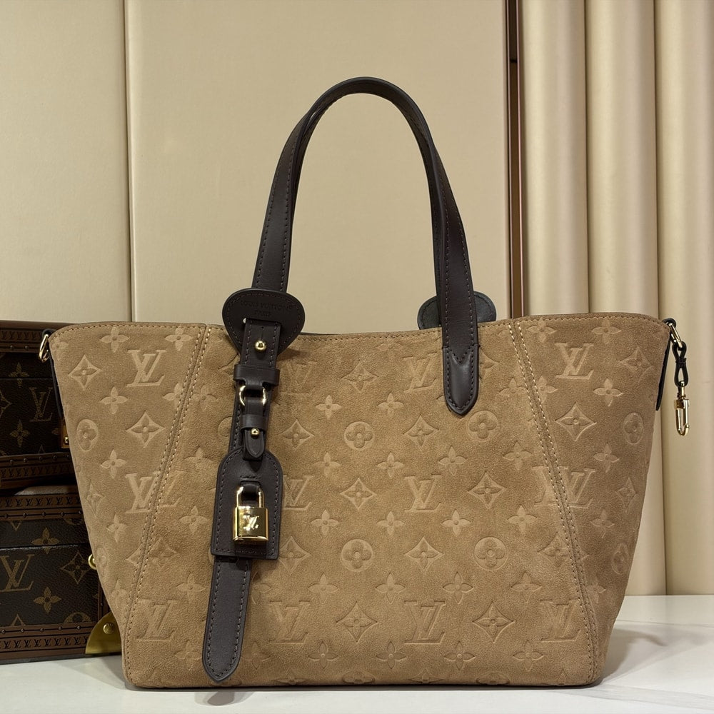 Elegant Beige Monogram Tote Handbag with Dark Brown Handles