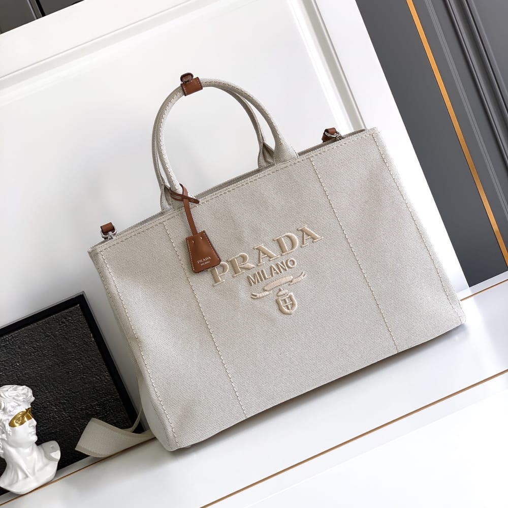 Elegant Beige Canvas Tote Bag with Leather-Style Handles