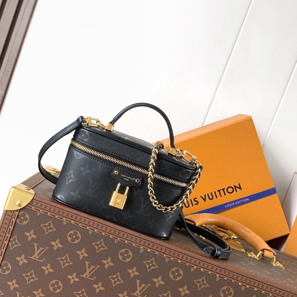 Elegant Black Monogram Mini Satchel Bag with Gold Chain Detail