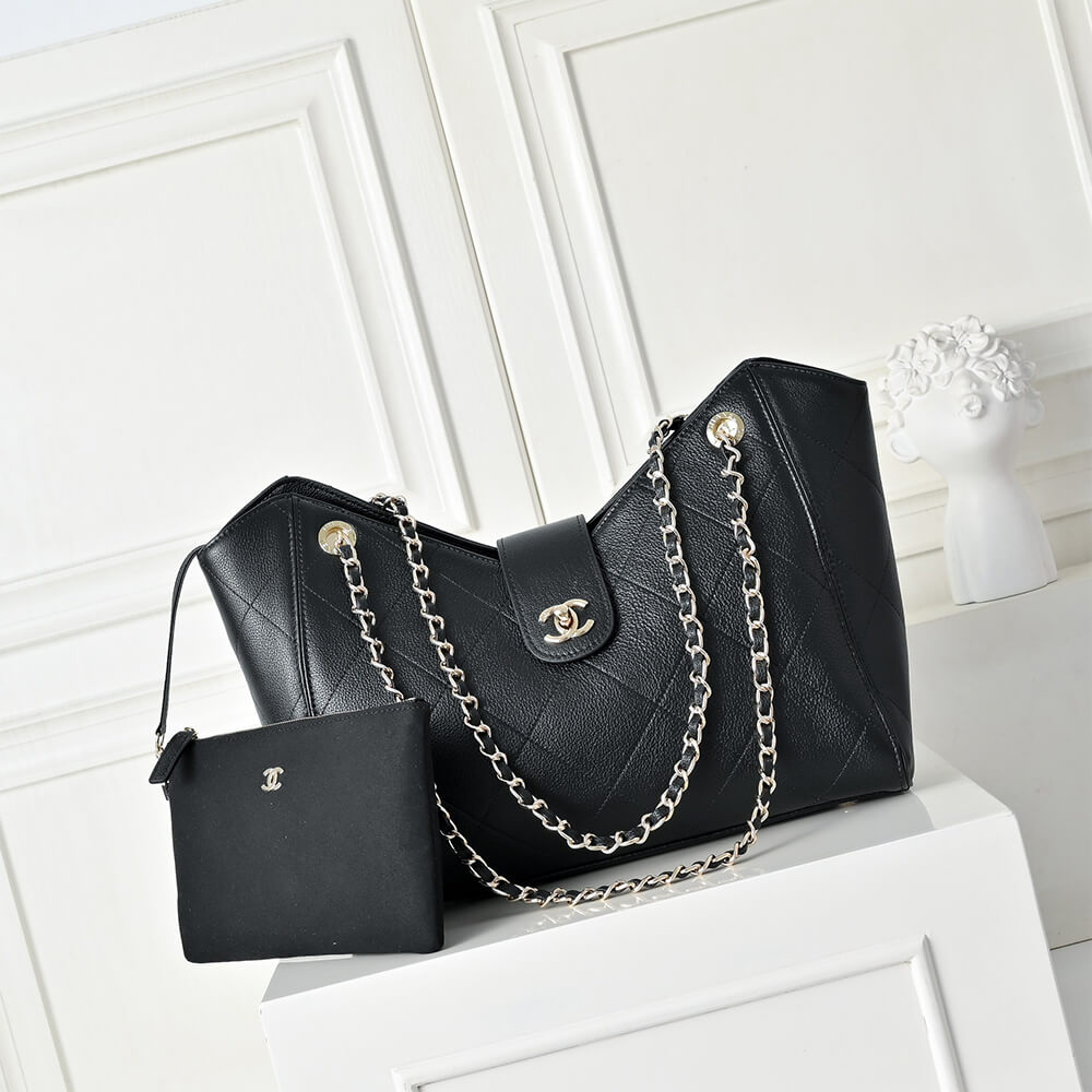 Elegant Black Quilted Shoulder Tote Bag with Chain Straps