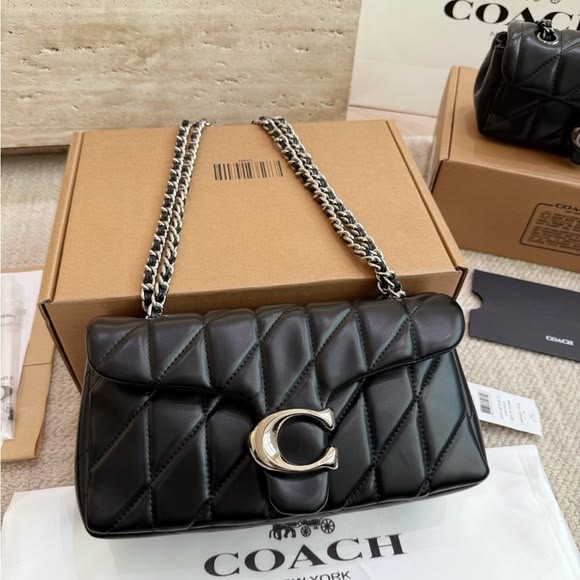 Black Quilted Shoulder Bag with Silver-Tone C Clasp