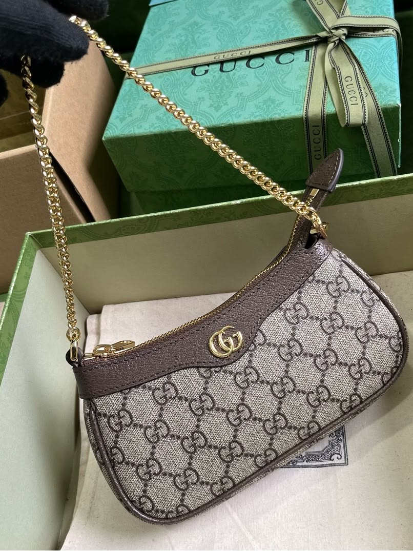 Classic Beige GG Monogram Shoulder Bag with Gold Chain Strap
