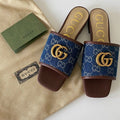 Blue GG Monogram Slide Sandals with Gold Double G Detail