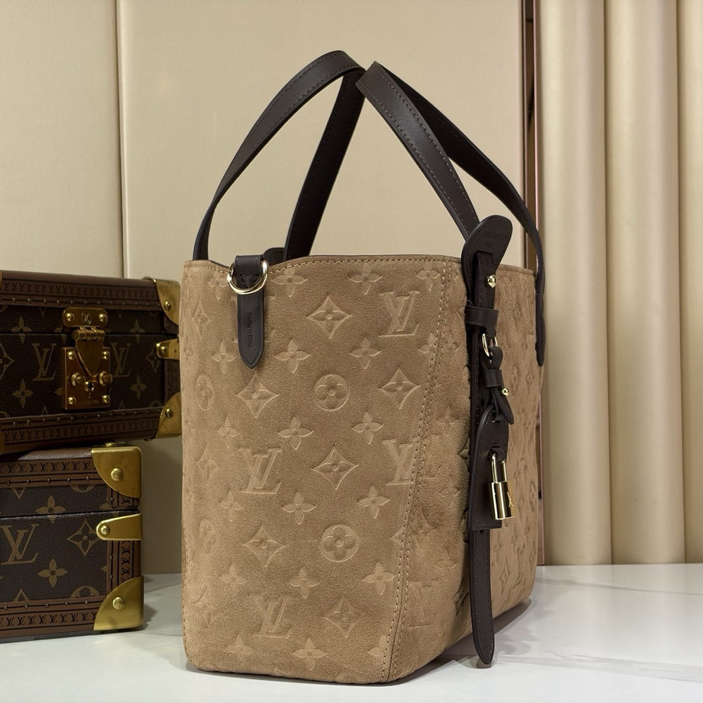 Elegant Beige Monogram Tote Handbag with Dark Brown Handles