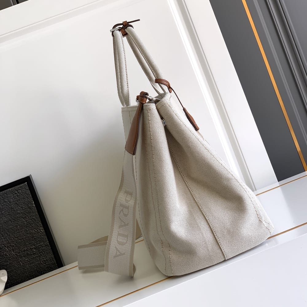 Elegant Beige Canvas Tote Bag with Leather-Style Handles