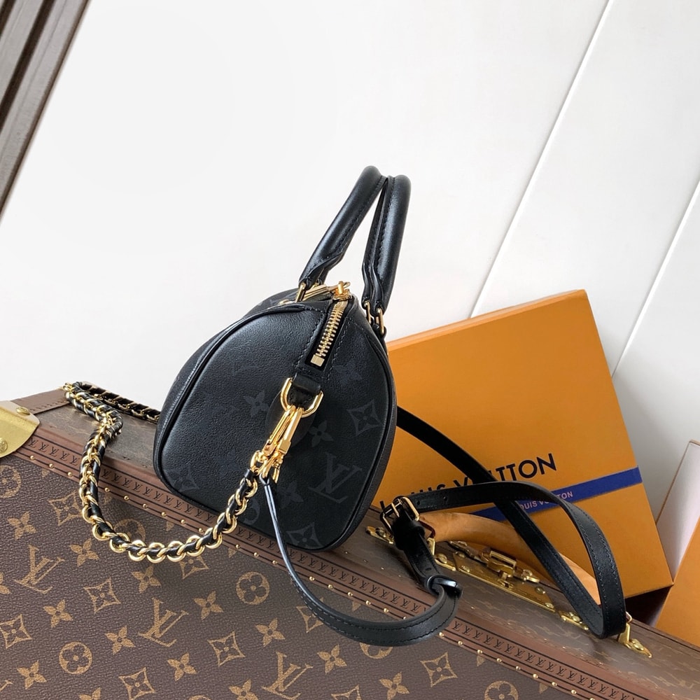 Elegant Black Monogram Satchel Handbag with Gold Chain Strap