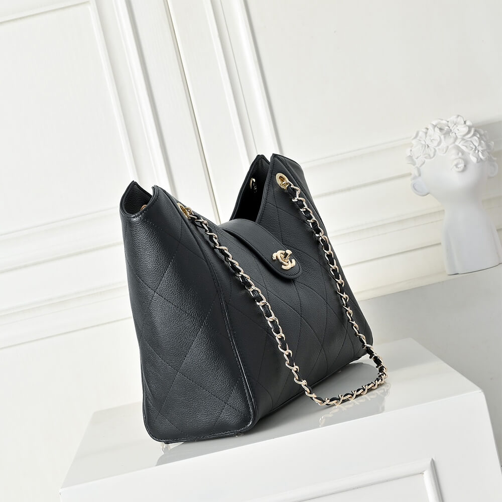 Elegant Black Quilted Shoulder Tote Bag with Chain Straps