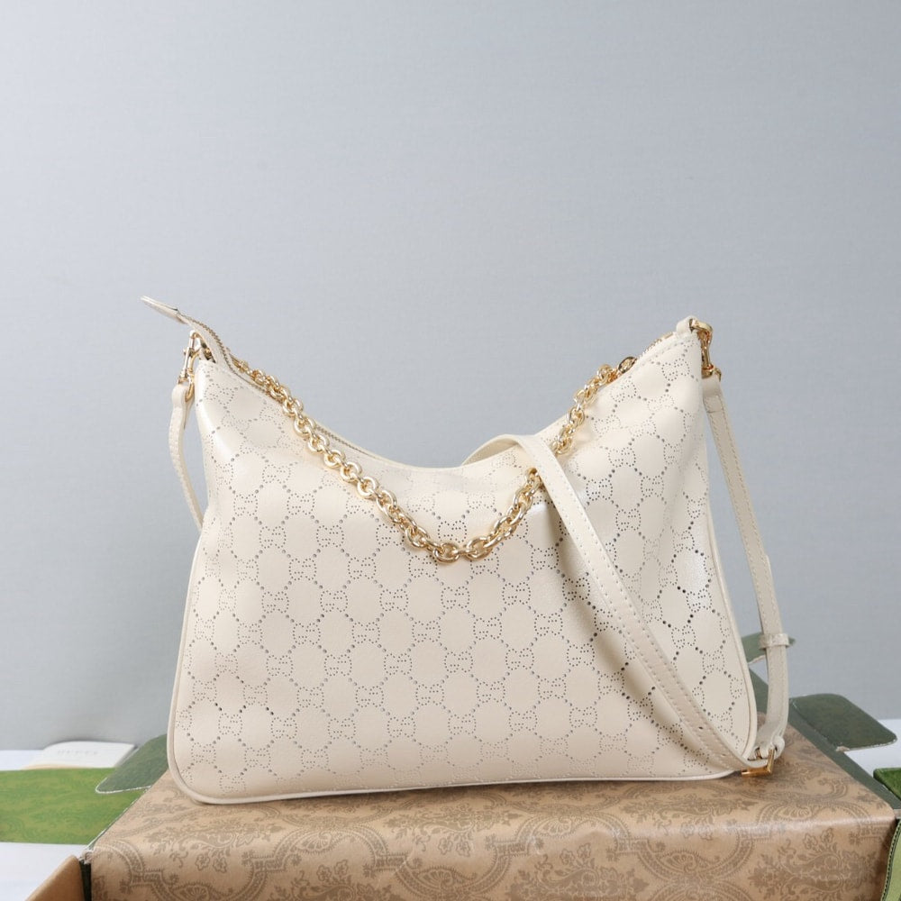 Elegant White Monogram Shoulder Bag with Gold Chain Detail