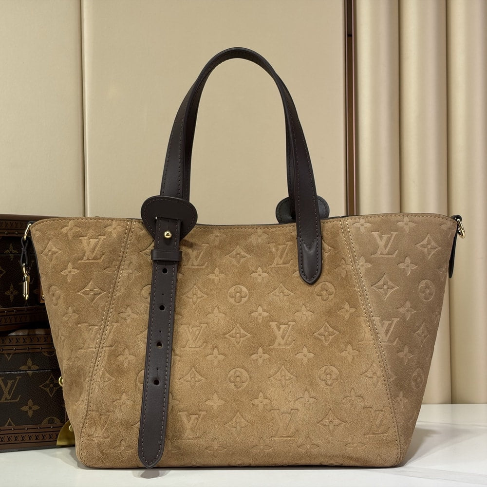 Elegant Beige Monogram Tote Handbag with Dark Brown Handles