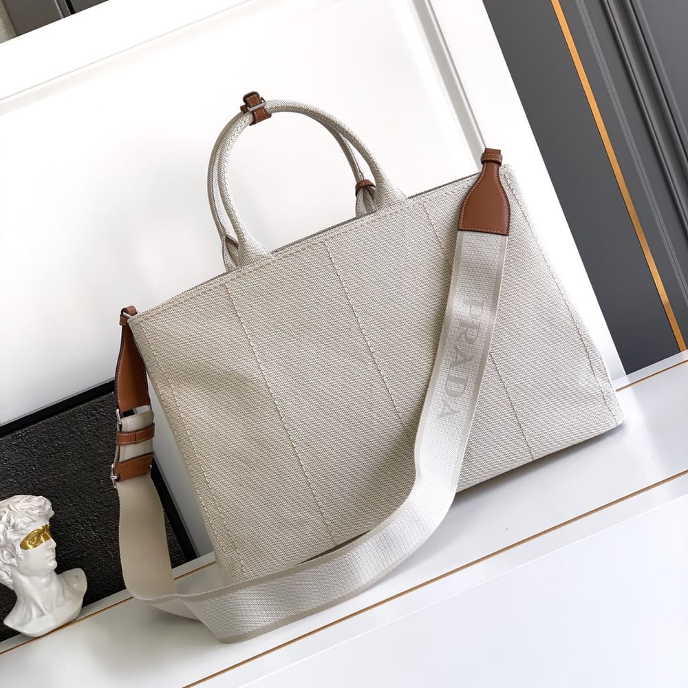 Elegant Beige Canvas Tote Bag with Leather-Style Handles