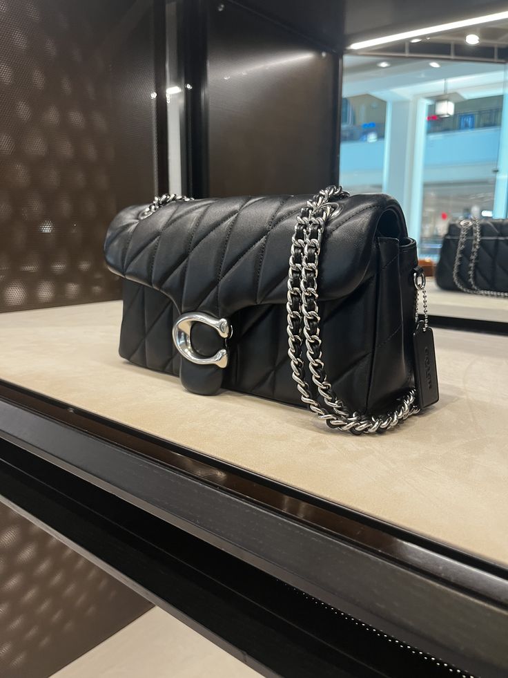 Black Quilted Shoulder Bag with Silver-Tone C Clasp