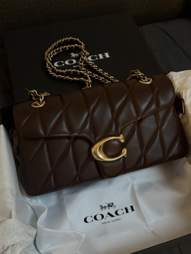 Chocolate Brown Quilted Shoulder Bag with Gold-Tone C Clasp