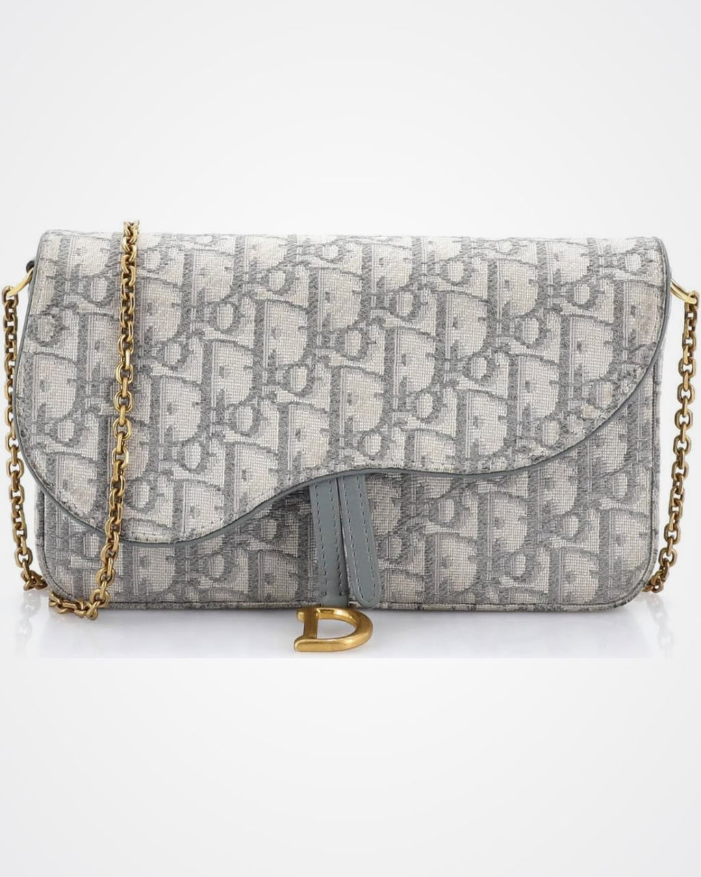Elegant Grey Monogram Shoulder Bag with Gold-Tone D Clasp