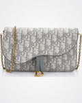 Elegant Grey Monogram Shoulder Bag with Gold-Tone D Clasp