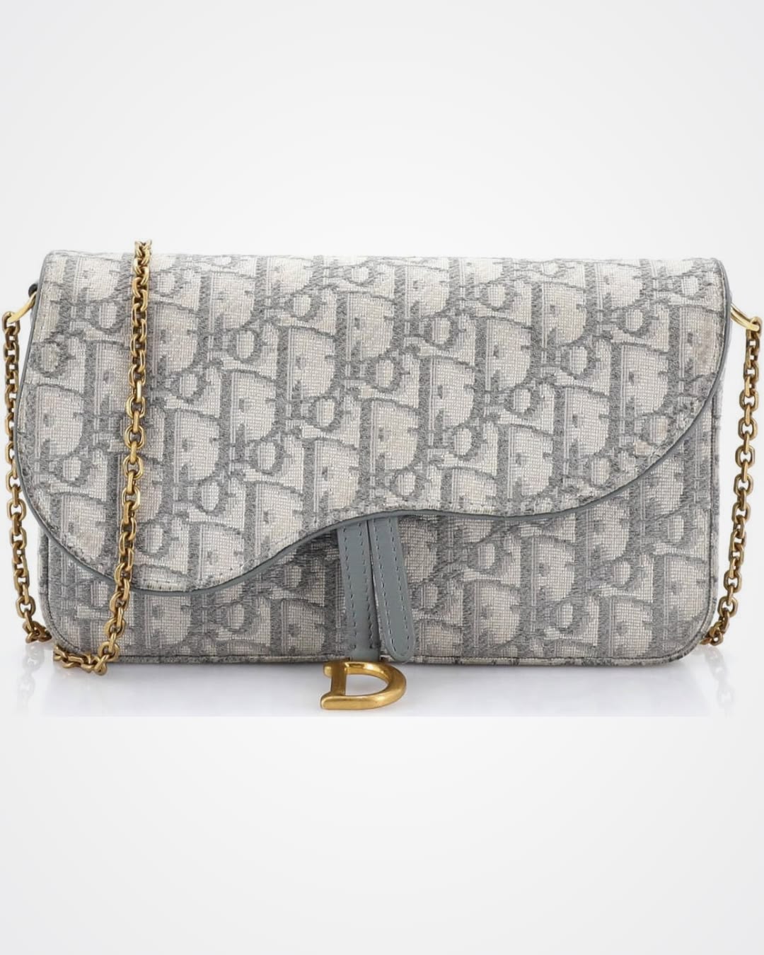Elegant Grey Monogram Shoulder Bag with Gold-Tone D Clasp