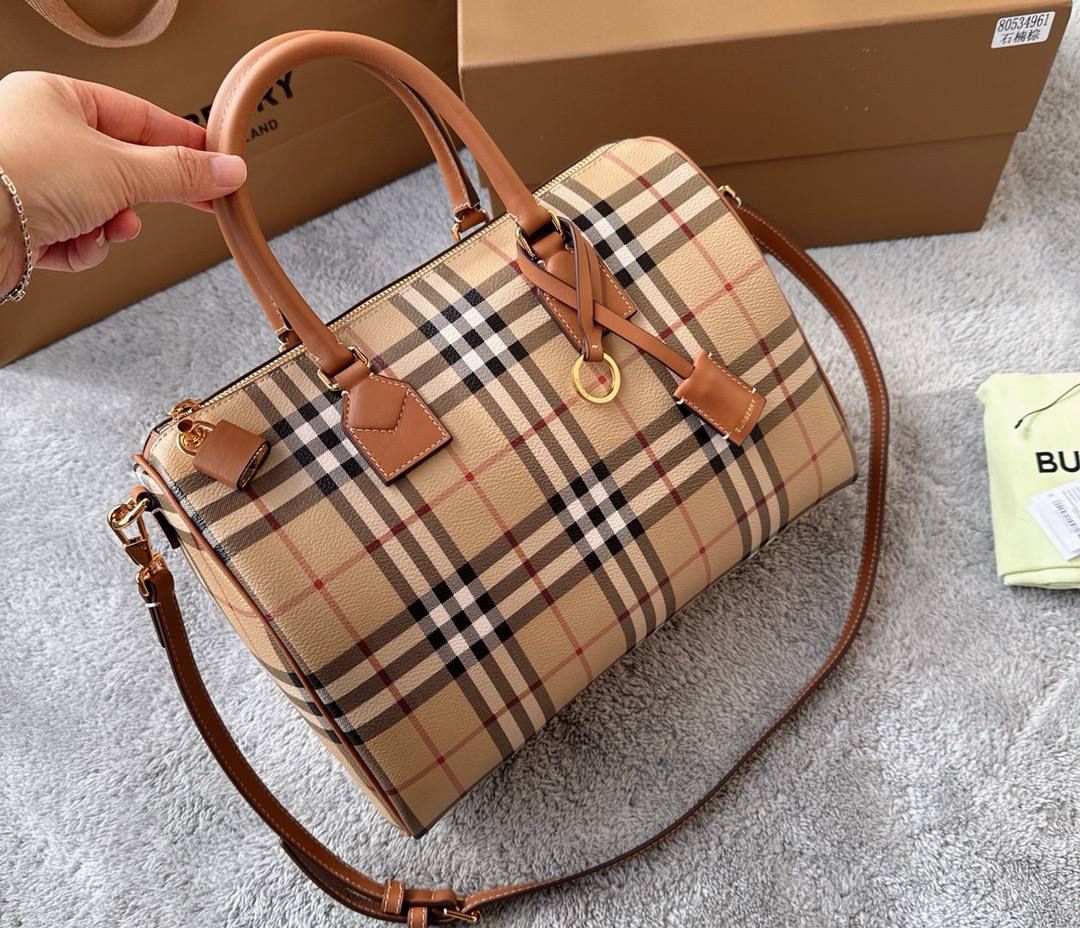 Elegant Beige Check Print Barrel Handbag with Brown Accents