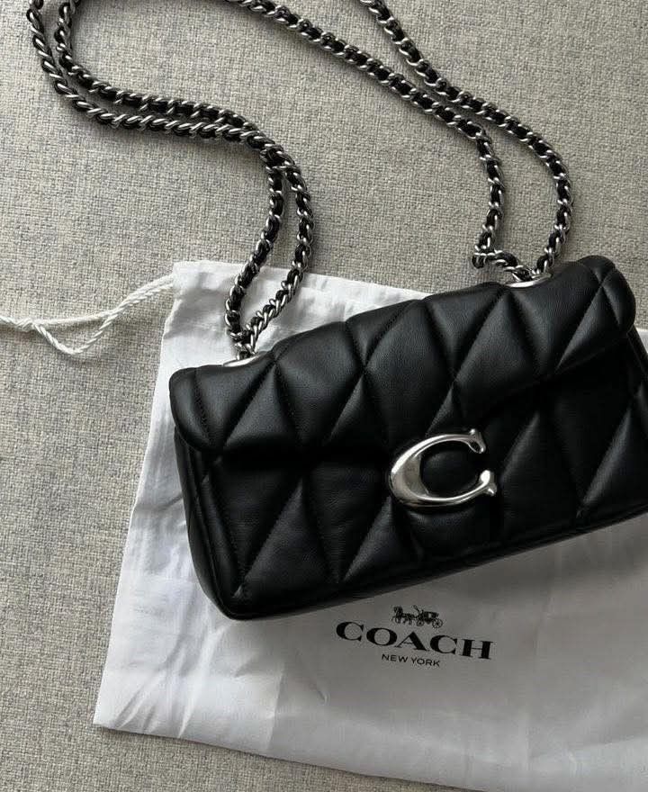 Black Quilted Shoulder Bag with Silver-Tone C Clasp