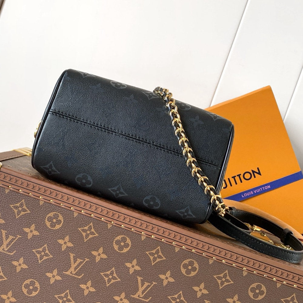 Elegant Black Monogram Satchel Handbag with Gold Chain Strap