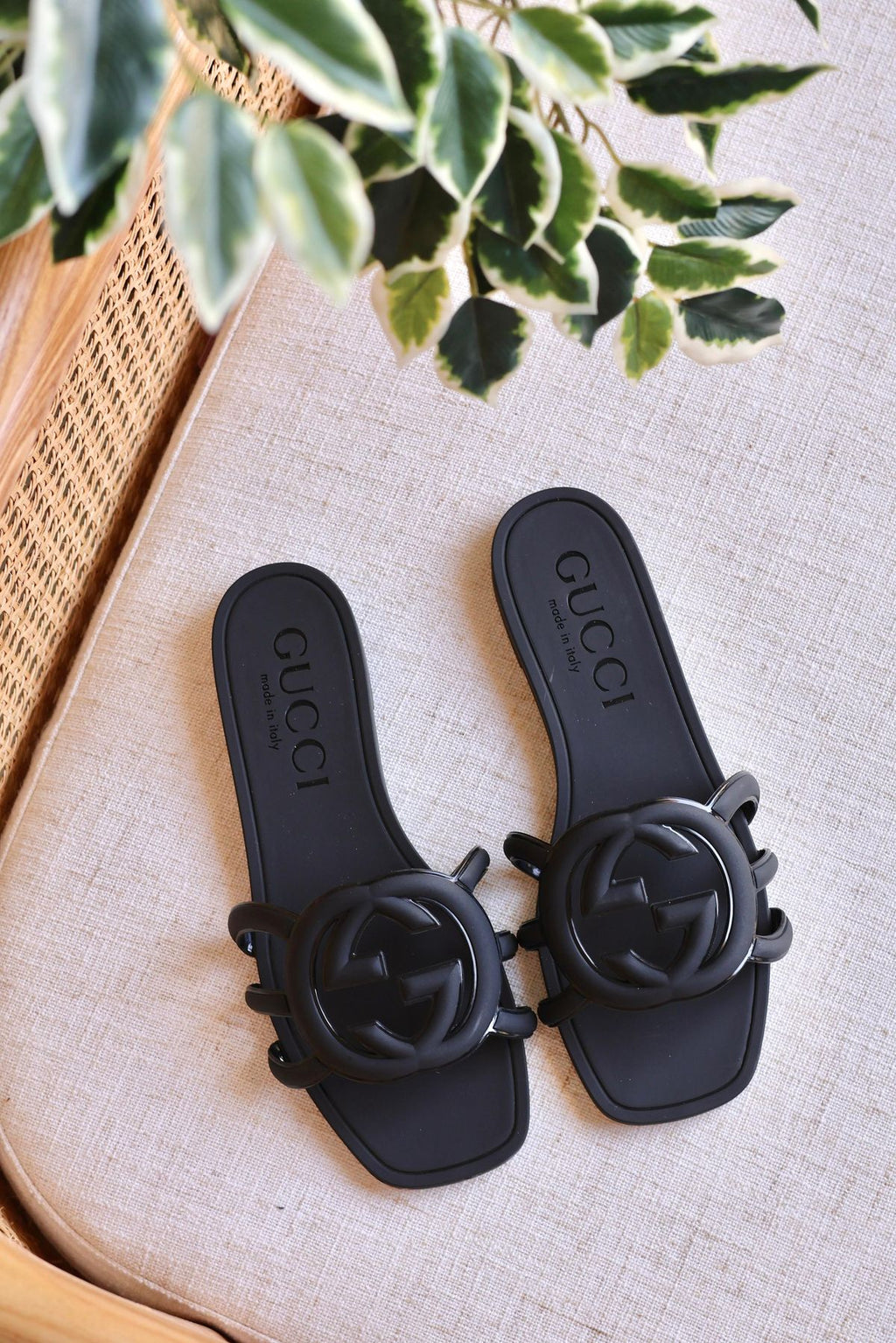 Black GG Logo Flat Slide Sandals for Women