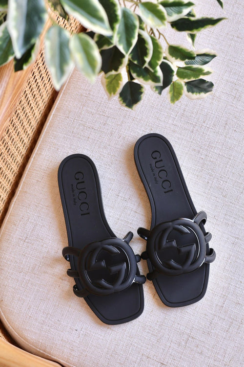 Black GG Logo Flat Slide Sandals for Women