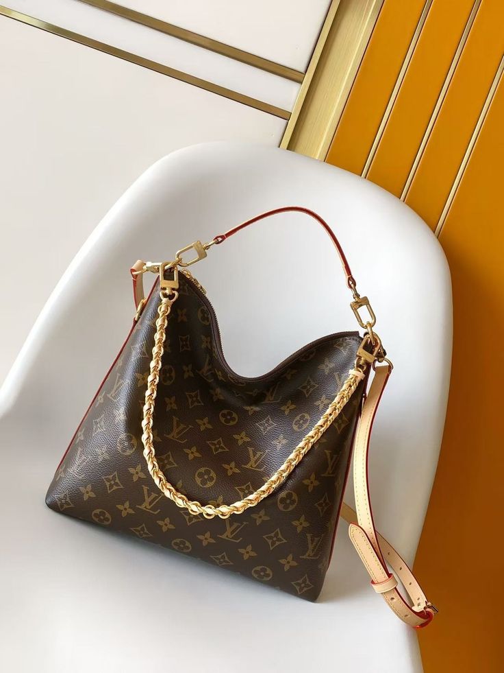 Brown Monogram Hobo Shoulder Bag with Chain Detail