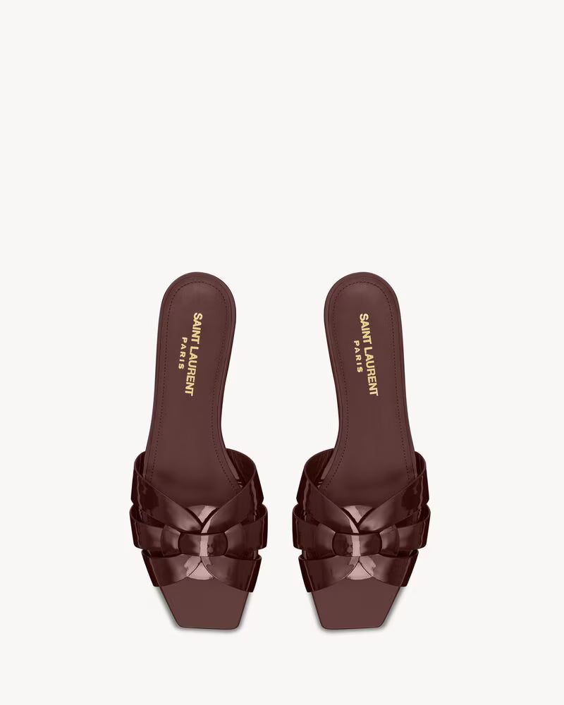 Elegant Brown Patent Bow Detail Slide Sandals