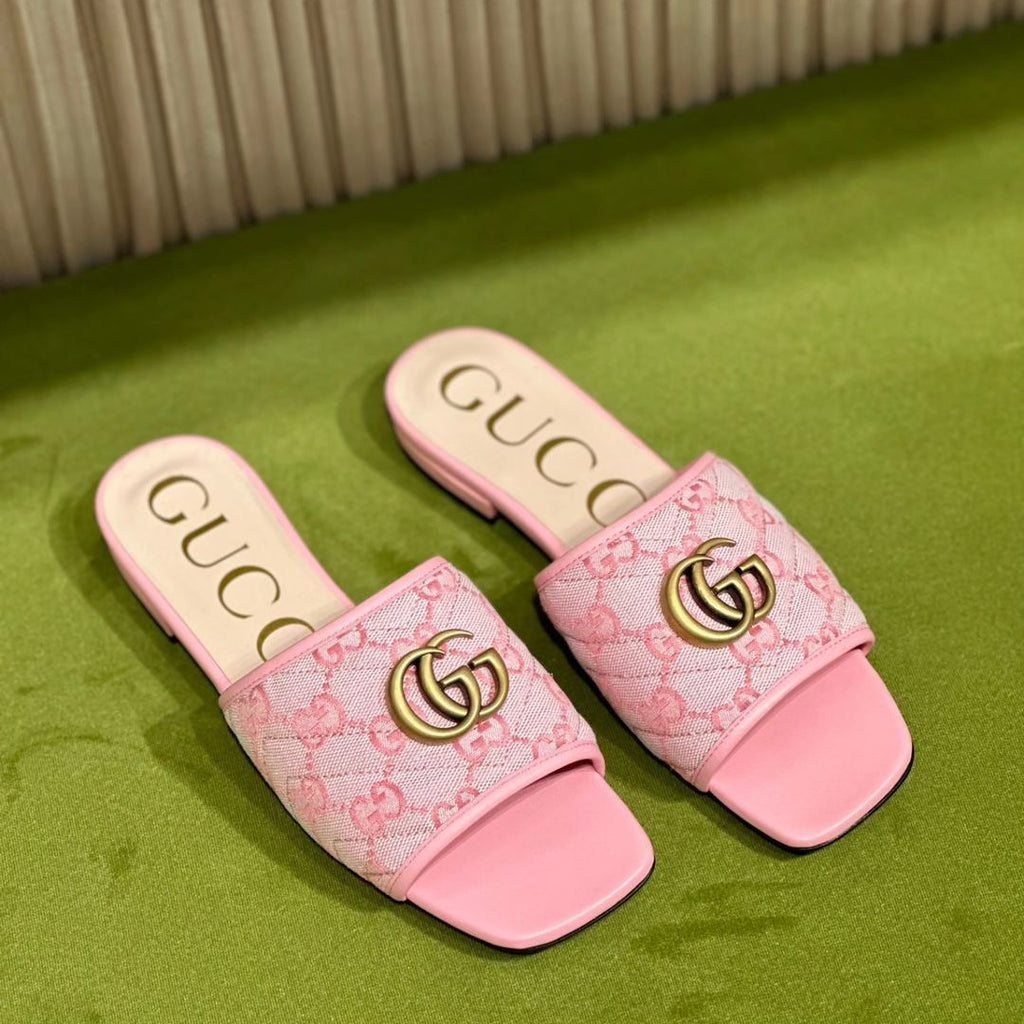 Elegant Pink Monogram Slide Sandals with Gold-Tone Double G Detail