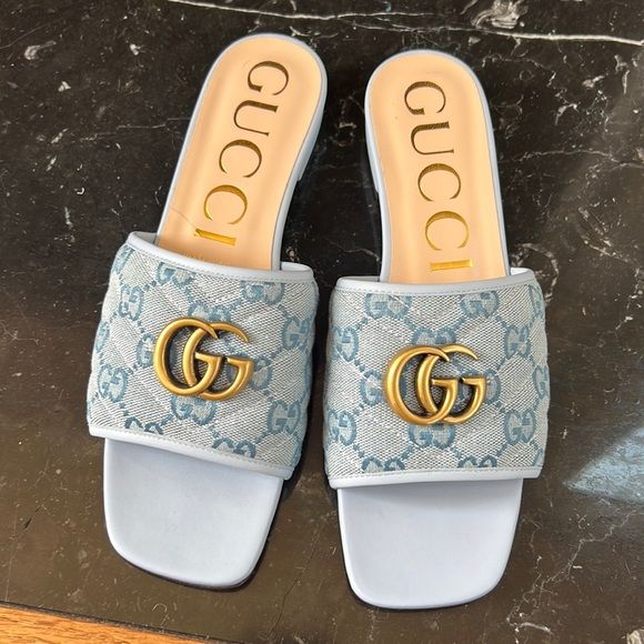 Blue GG Monogram Slide Sandals with Gold-Tone Double G Detail