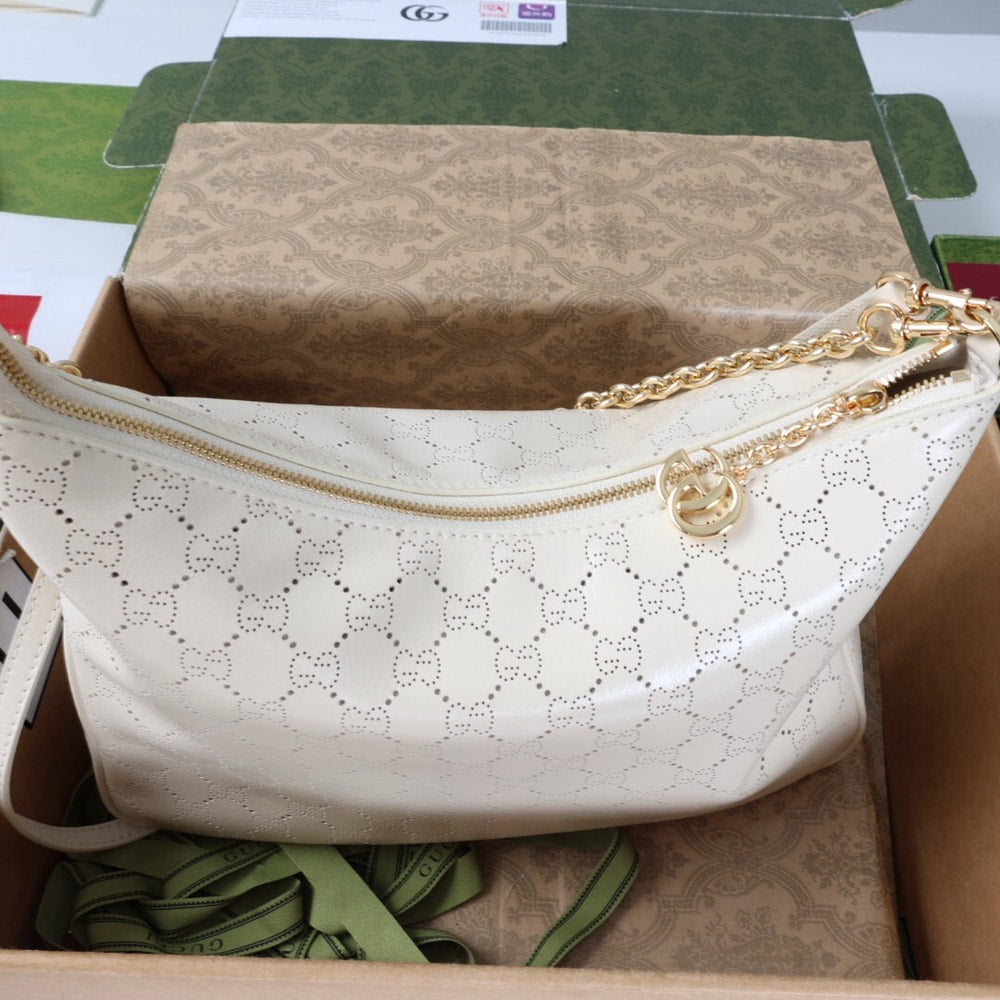 Elegant White Monogram Shoulder Bag with Gold Chain Detail