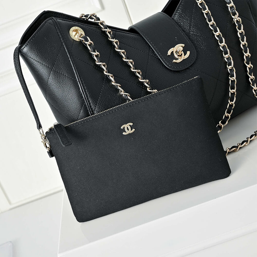 Elegant Black Quilted Shoulder Tote Bag with Chain Straps