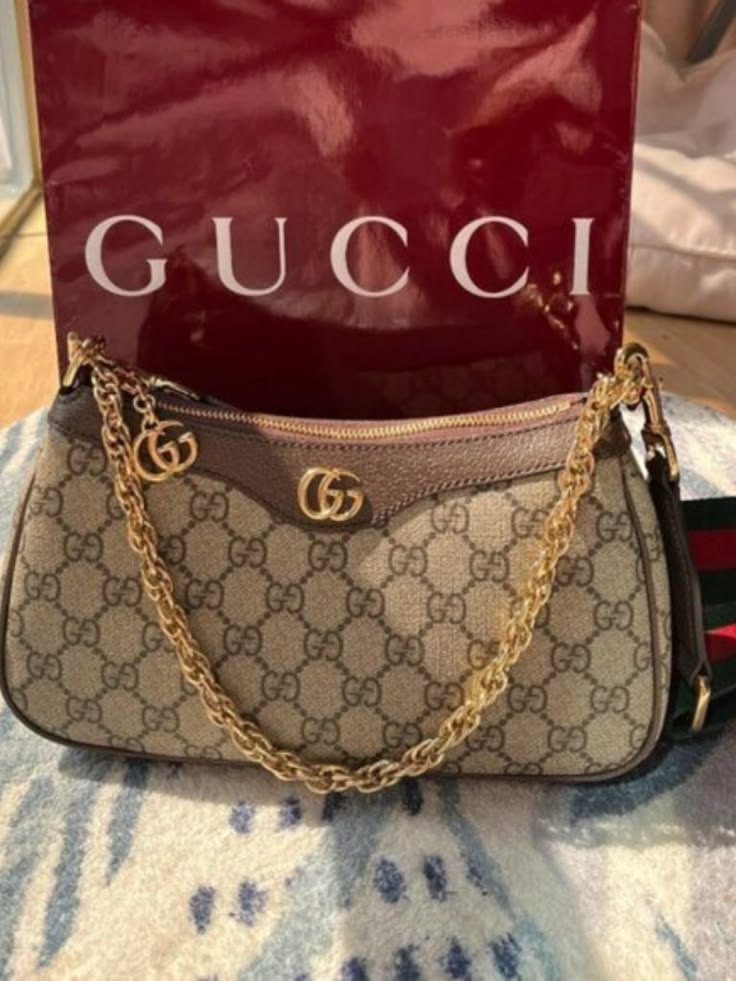 Classic Beige GG Monogram Shoulder Bag with Gold Chain Strap