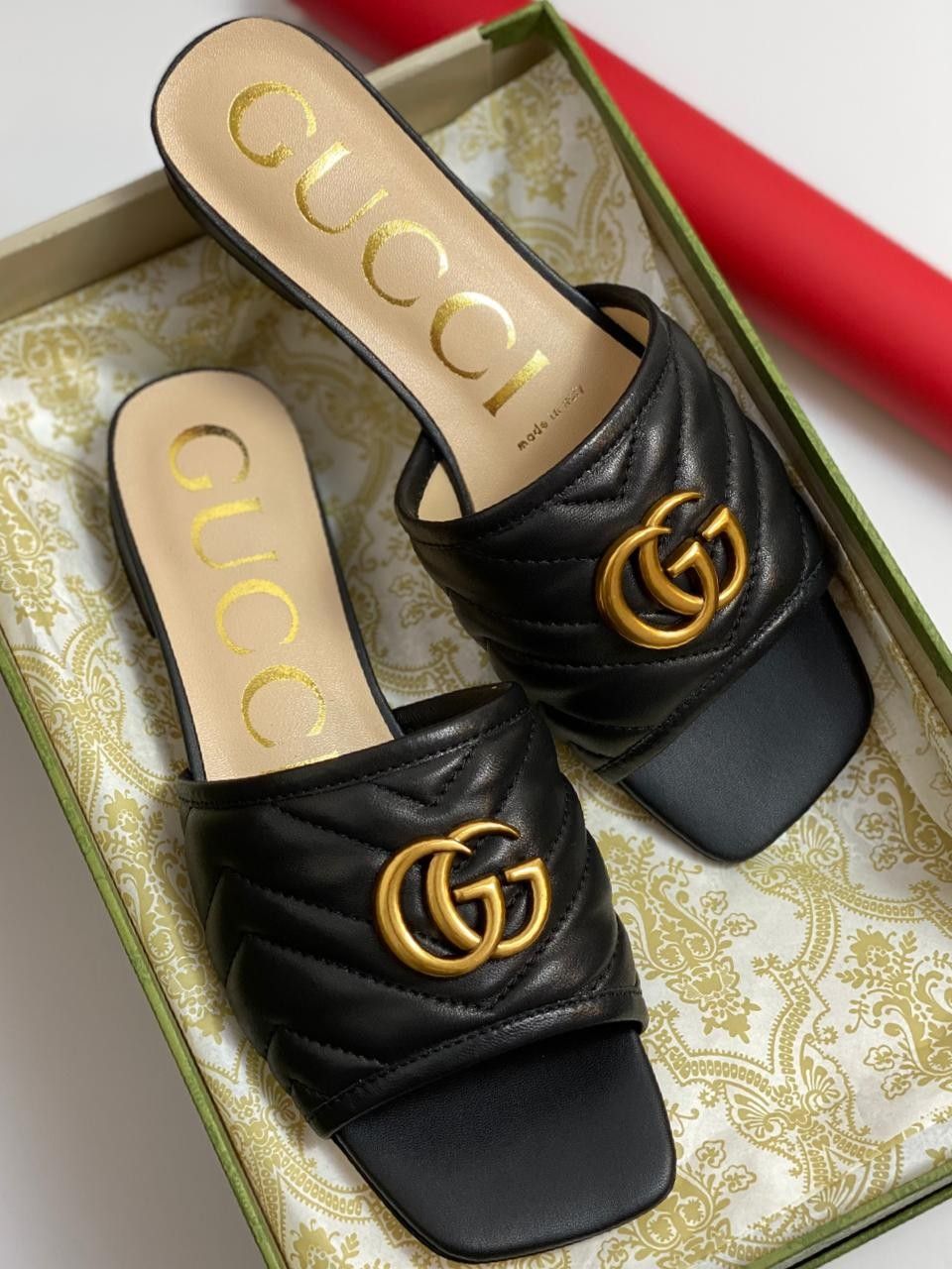 Women’s Black Quilted GG Logo Slide Sandals