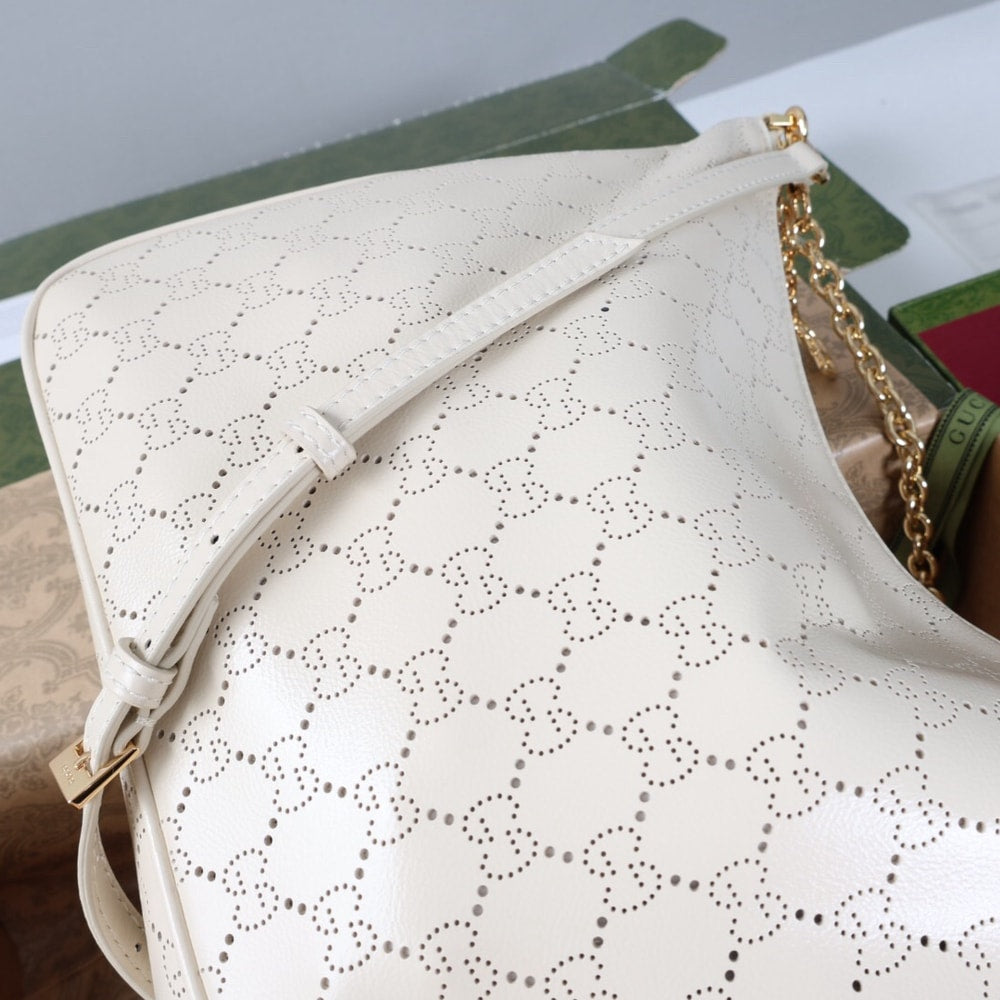 Elegant White Monogram Shoulder Bag with Gold Chain Detail