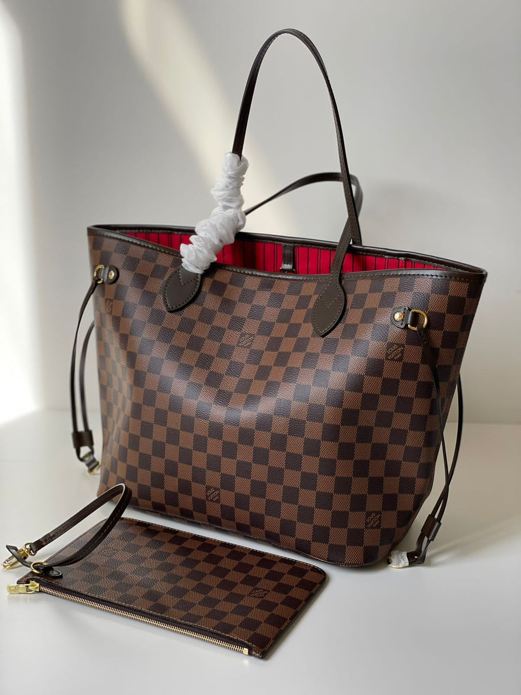 Brown Checkered Structured Tote Bag with Matching Pouch