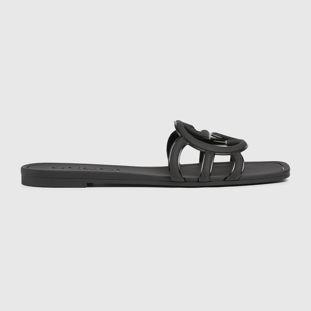 Black GG Logo Flat Slide Sandals for Women