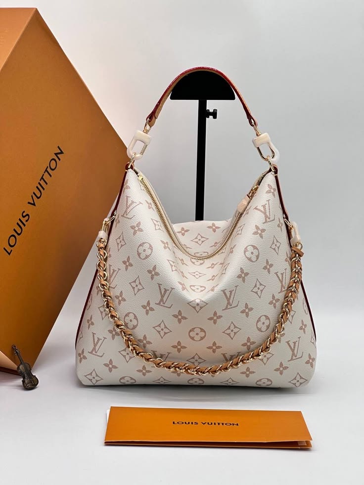 White Monogram Hobo Shoulder Bag with Gold Chain